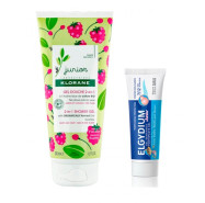 KLORANE PETIT JUNIOR PROMO GEL DUCHE CABELO/CORPO FRAMB 200ML + OFERTA GEL DENT ELGYDIUM JUNIOR 50ML